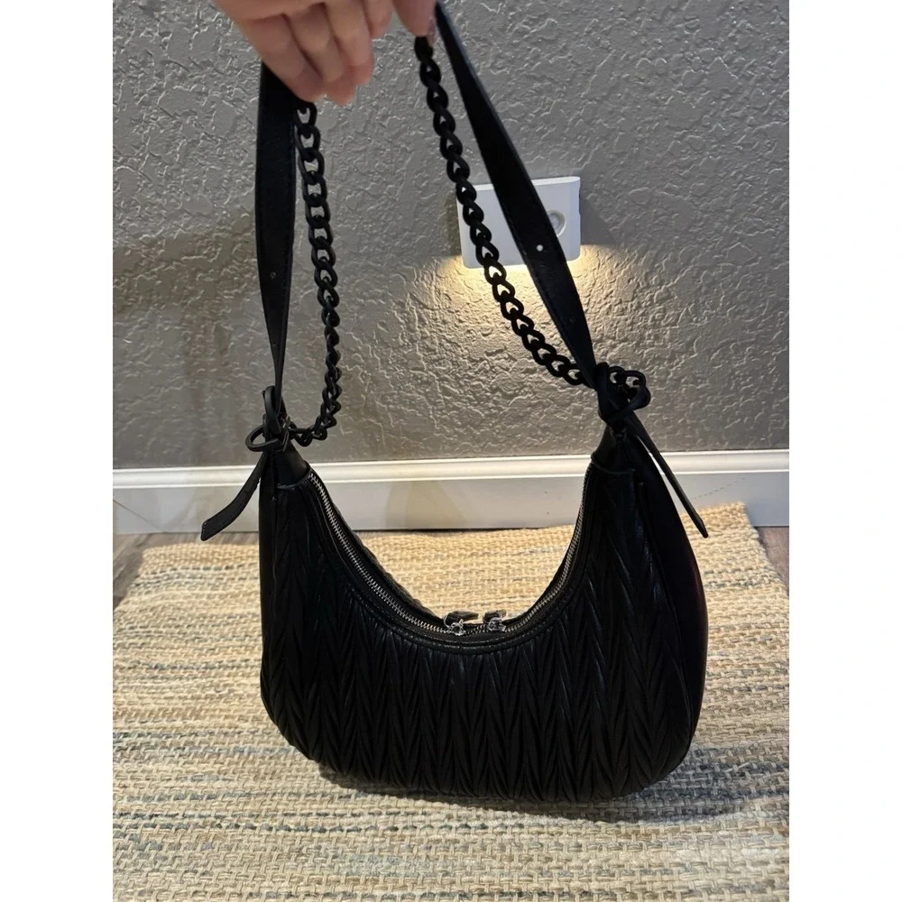 Madison West Quilted Chain Shoulder Bag Black